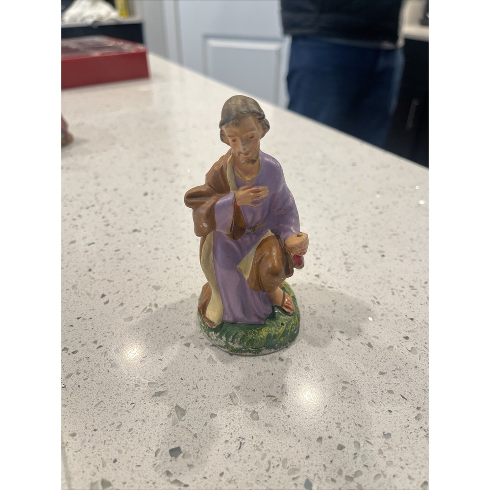 Vintage‎ Paper Mache Italy Joseph Nativity Scene Figure 4.25" Missing Staff